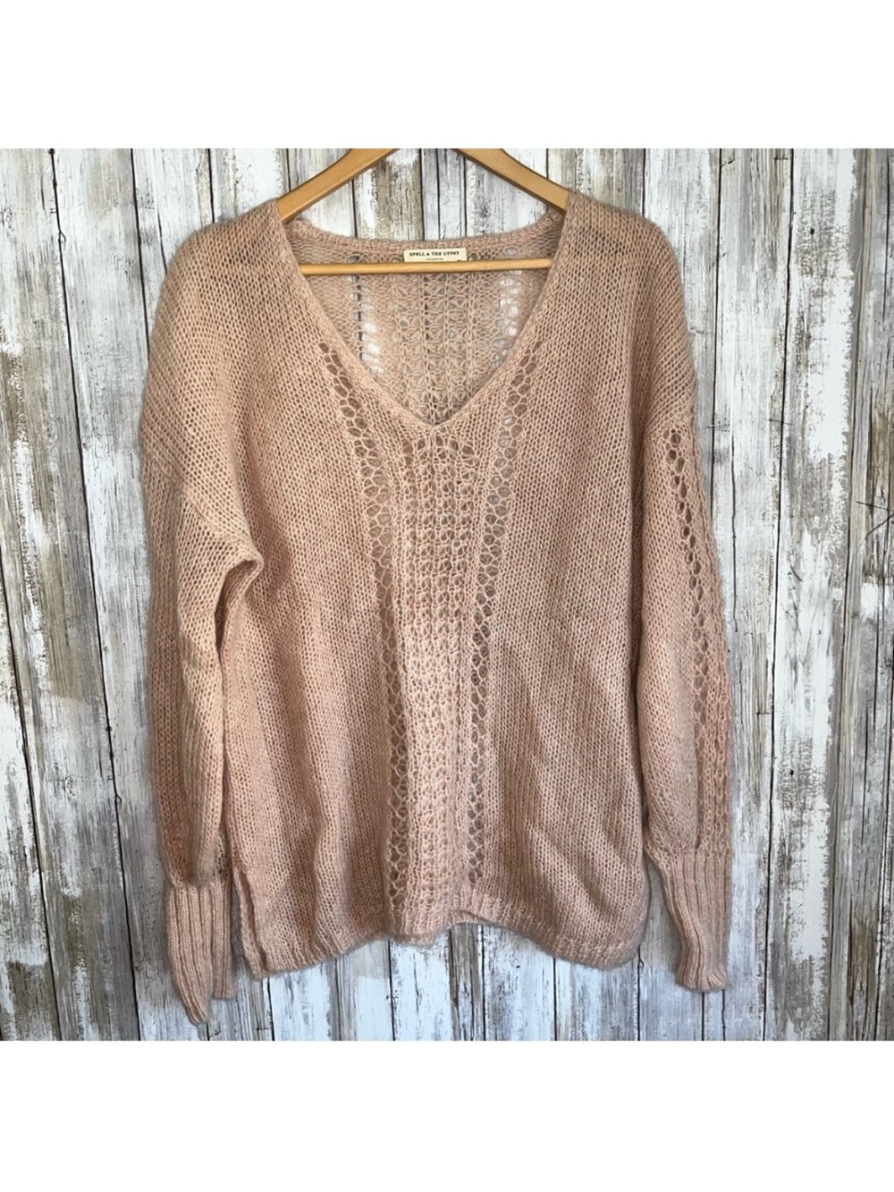 Spell & The Gypsy Collective Knit V-Neck Jumper M/L Mohair Wool Stone Boho - Picture 2 of 8